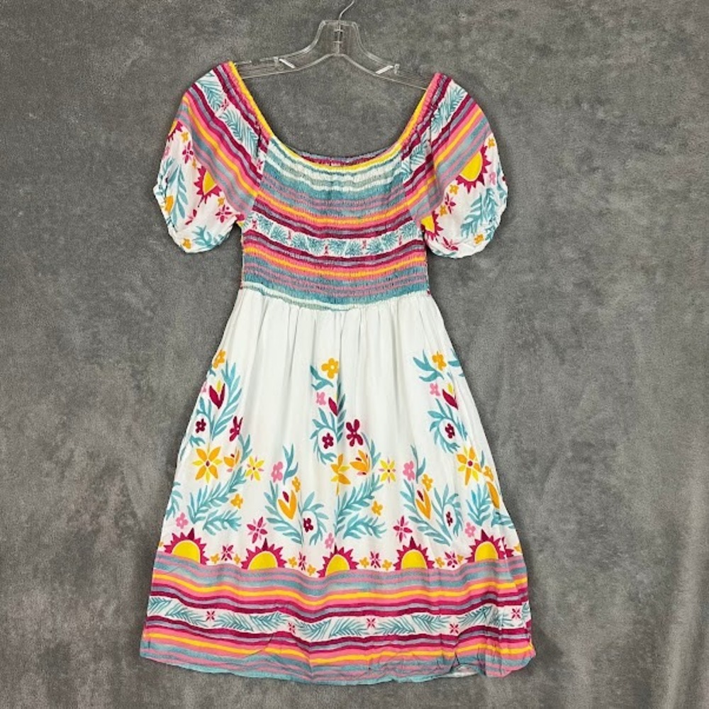 Kenny Flowers Mini Dress Womens S Organic Rayon Vibrant Floral Smocked Beachy
